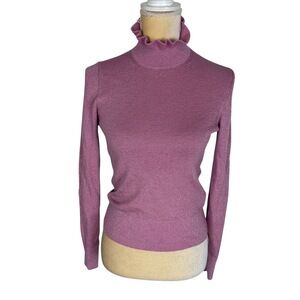 J.Crew Pink Metallic Ruffle Mock Neck Ribbed‎ Sweater Merino Wool Size Small